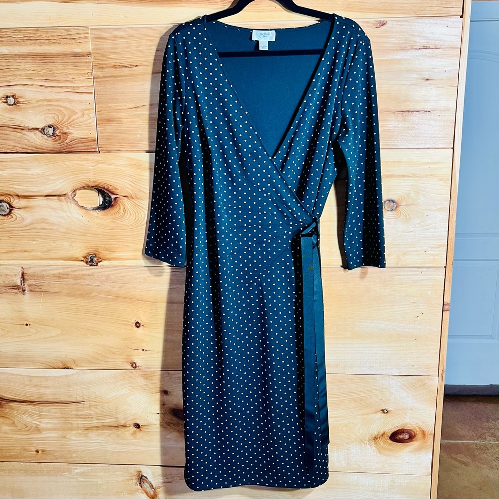 Ann Taylor LOFT Black & Taupe Long Sleeve Polka Dot Wrap Dress with Ribbon Tie